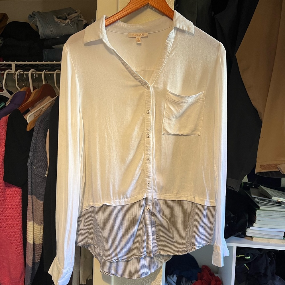 White shirt with plaid blue and white bottom